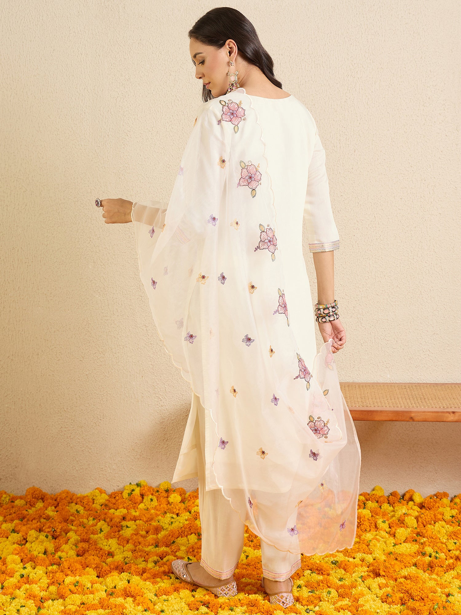 Indo Era Off White Embroidered Straight Kurta Trousers With Dupatta Set