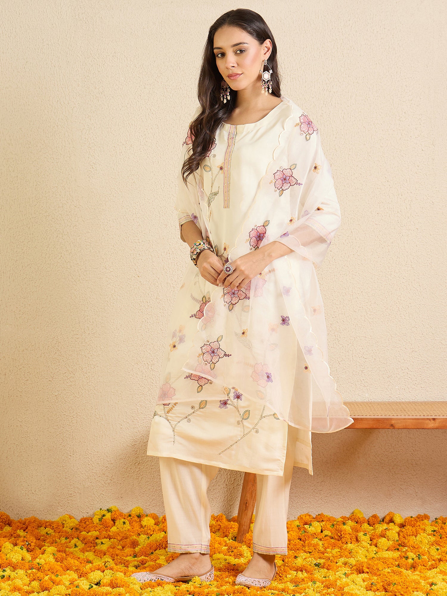 Indo Era Off White Embroidered Straight Kurta Trousers With Dupatta Set