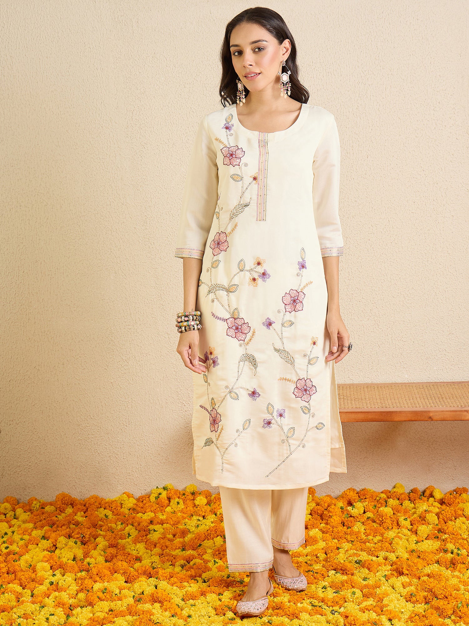 Indo Era Off White Embroidered Straight Kurta Trousers With Dupatta Set