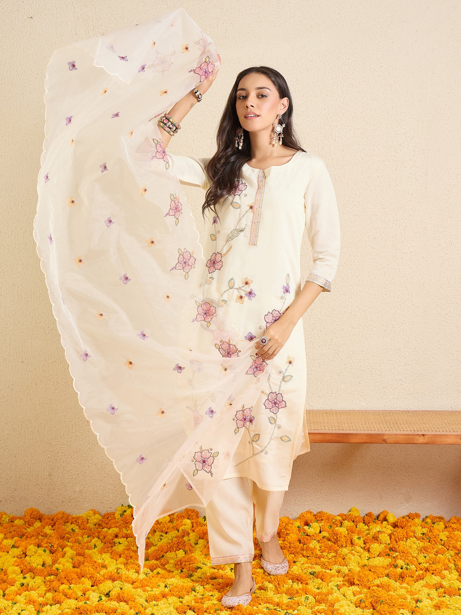 Indo Era Off White Embroidered Straight Kurta Trousers With Dupatta Set