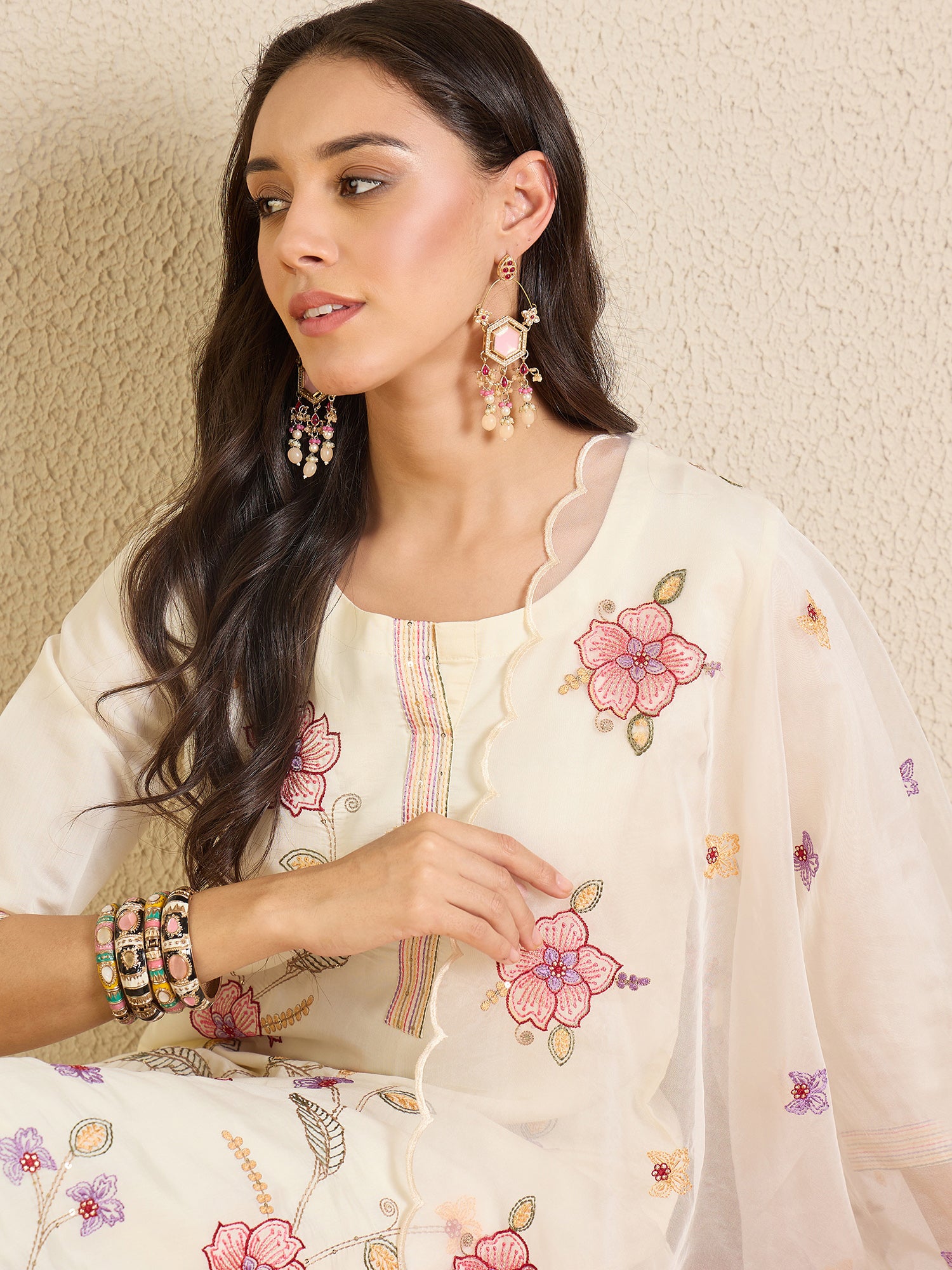 Indo Era Off White Embroidered Straight Kurta Trousers With Dupatta Set