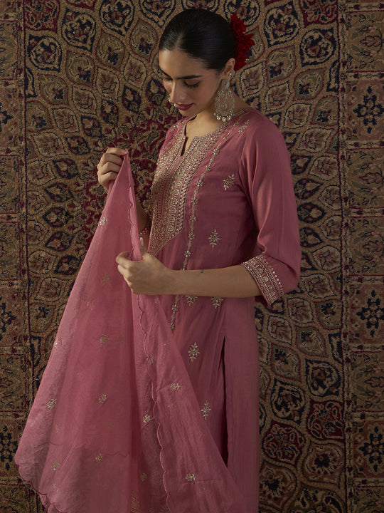 Indo Era Pink Embroidered Straight Kurta Palazzos With Dupatta Set