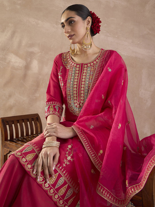 Indo Era Pink Embroidered Straight Kurta Palazzos With Dupatta Set