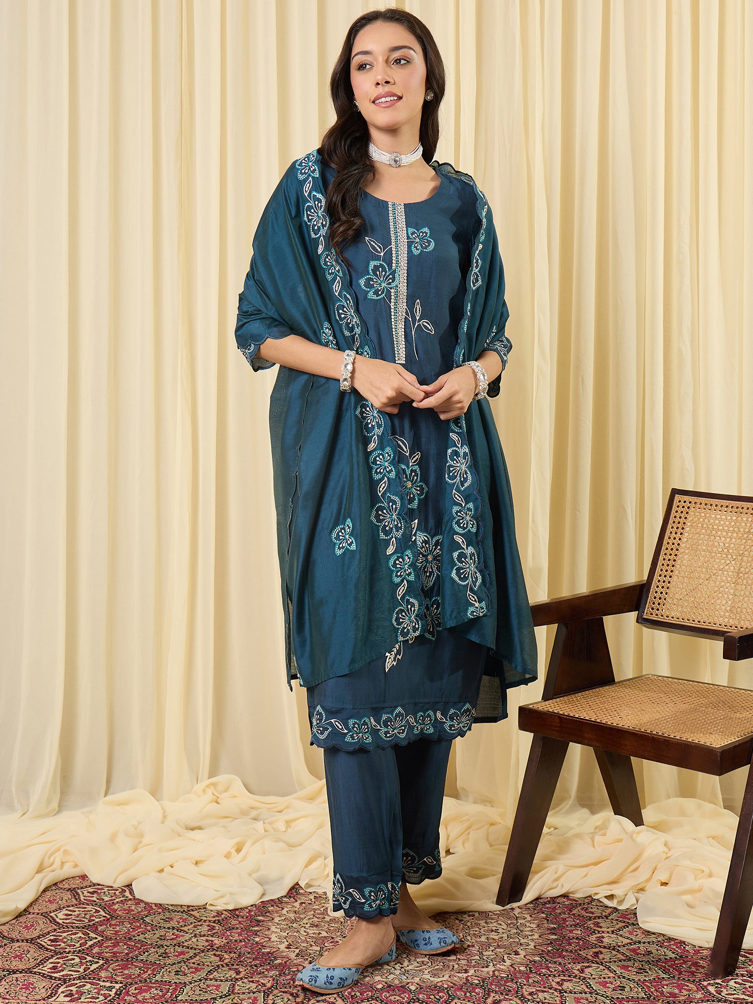 Indo Era Navy Blue Embroidered Straight Kurta Trousers With Dupatta Set