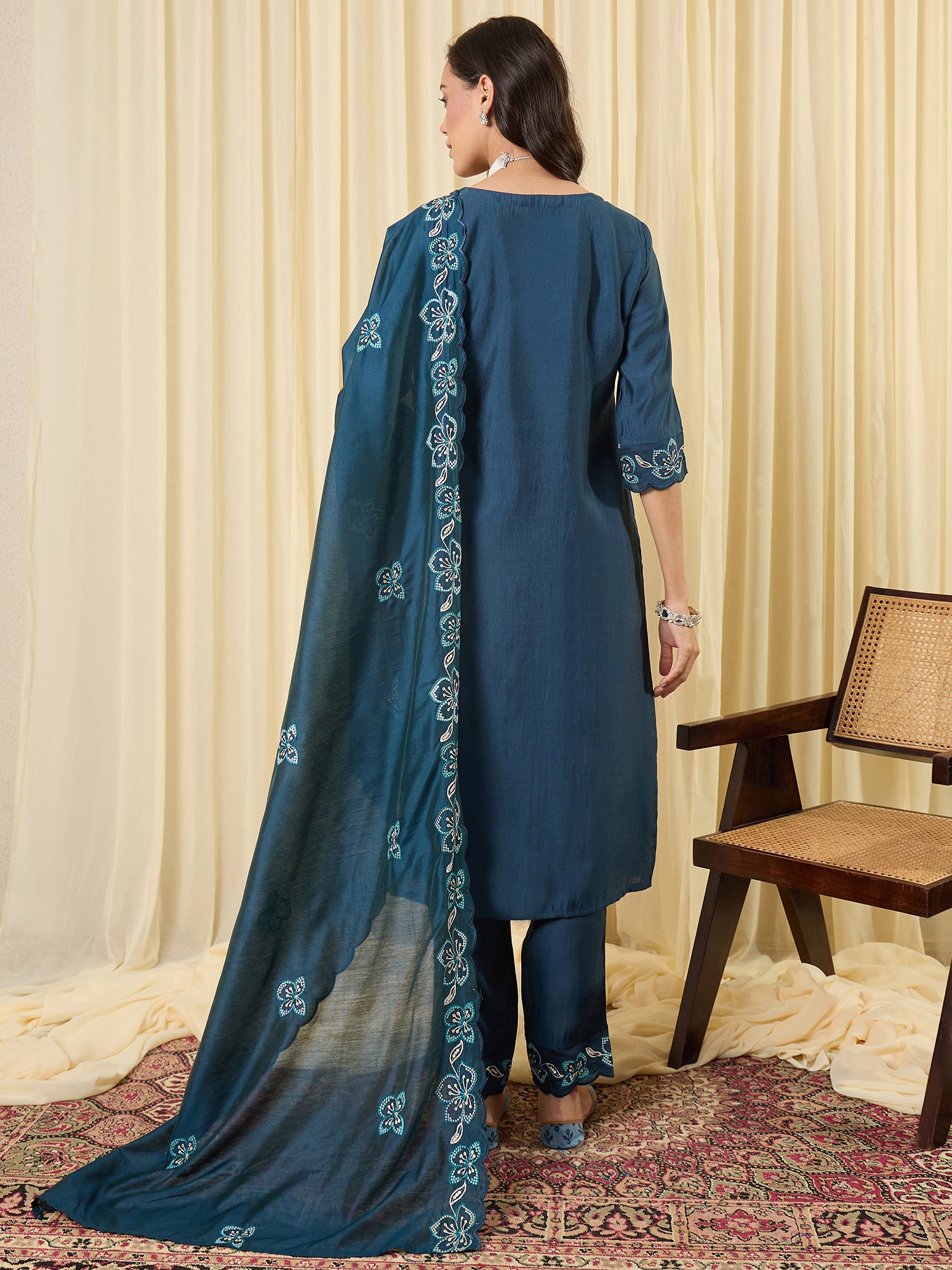 Indo Era Navy Blue Embroidered Straight Kurta Trousers With Dupatta Set