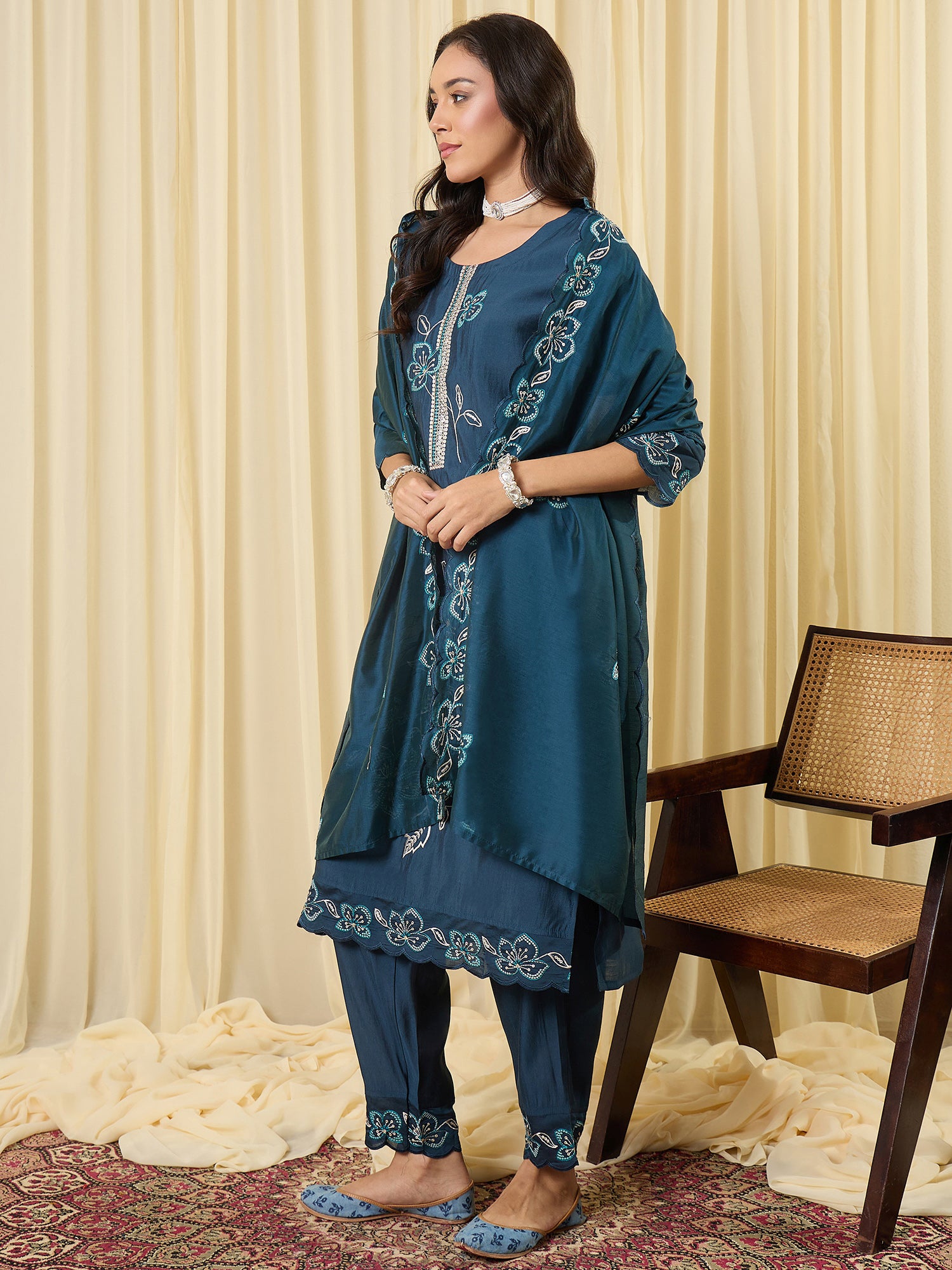 Indo Era Navy Blue Embroidered Straight Kurta Trousers With Dupatta Set