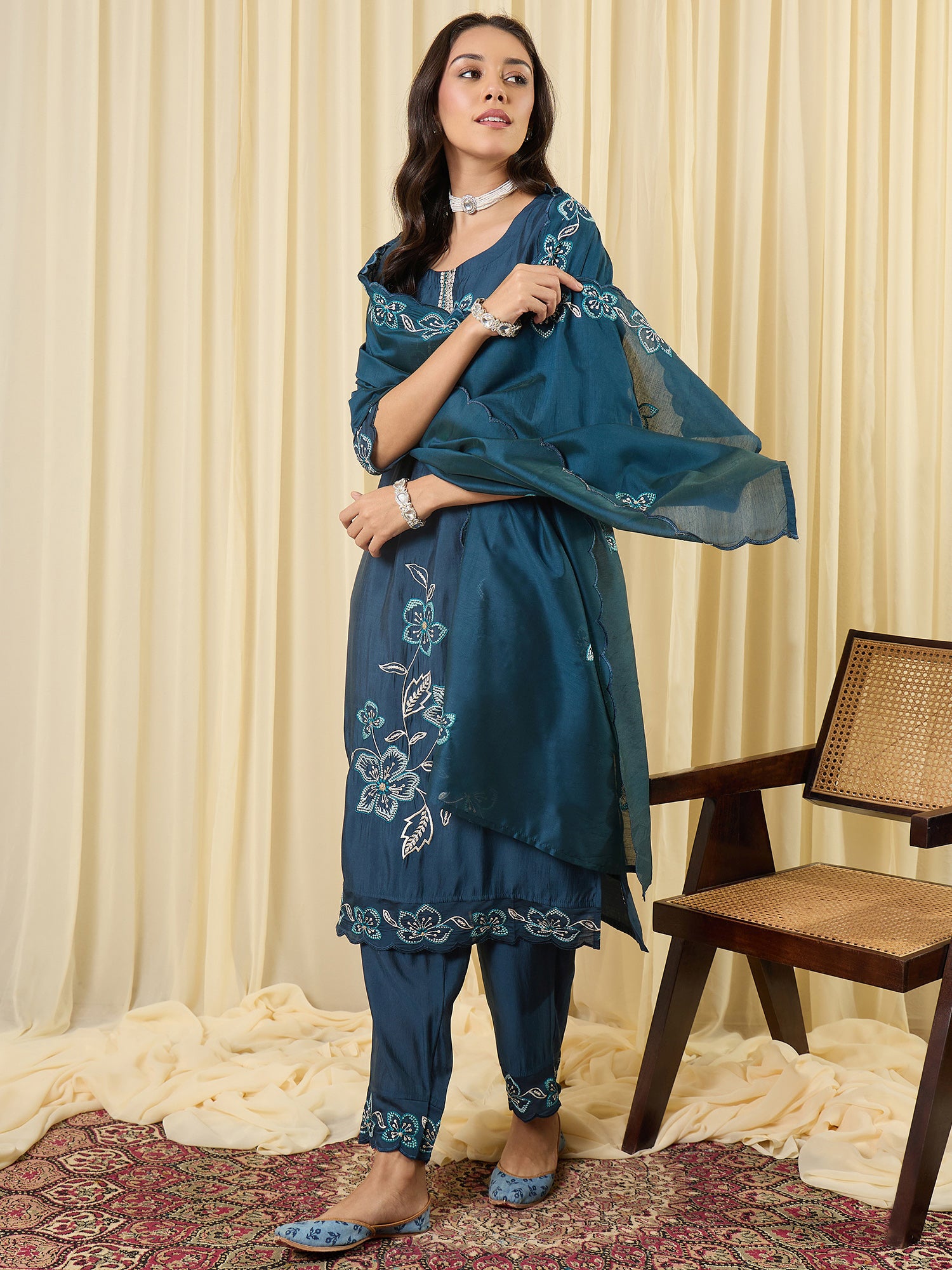 Indo Era Navy Blue Embroidered Straight Kurta Trousers With Dupatta Set