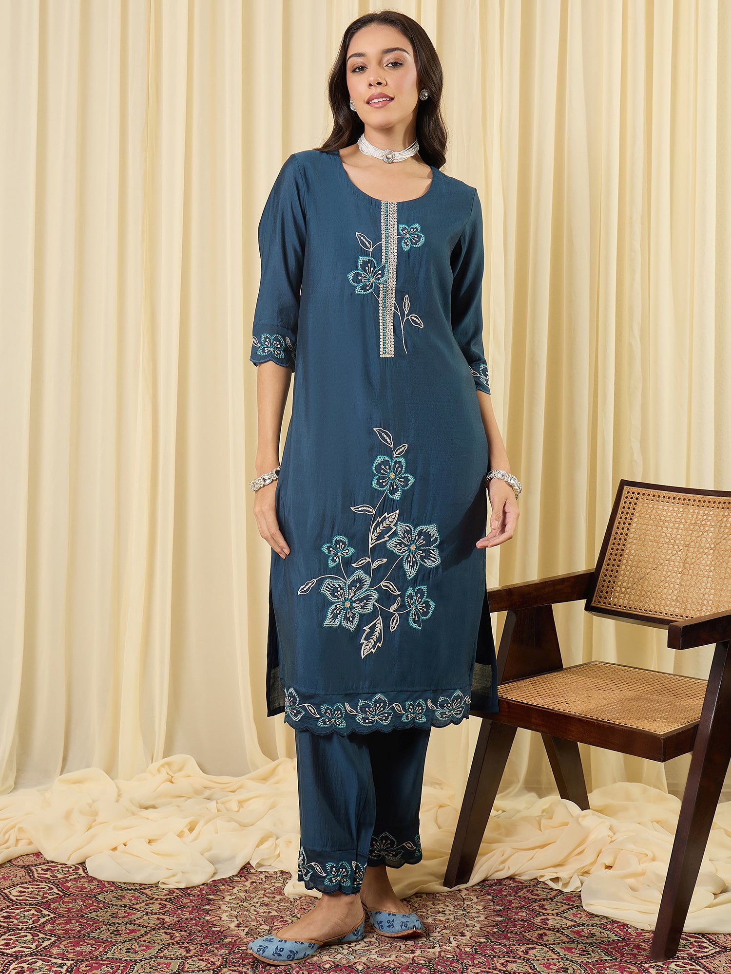 Indo Era Navy Blue Embroidered Straight Kurta Trousers With Dupatta Set