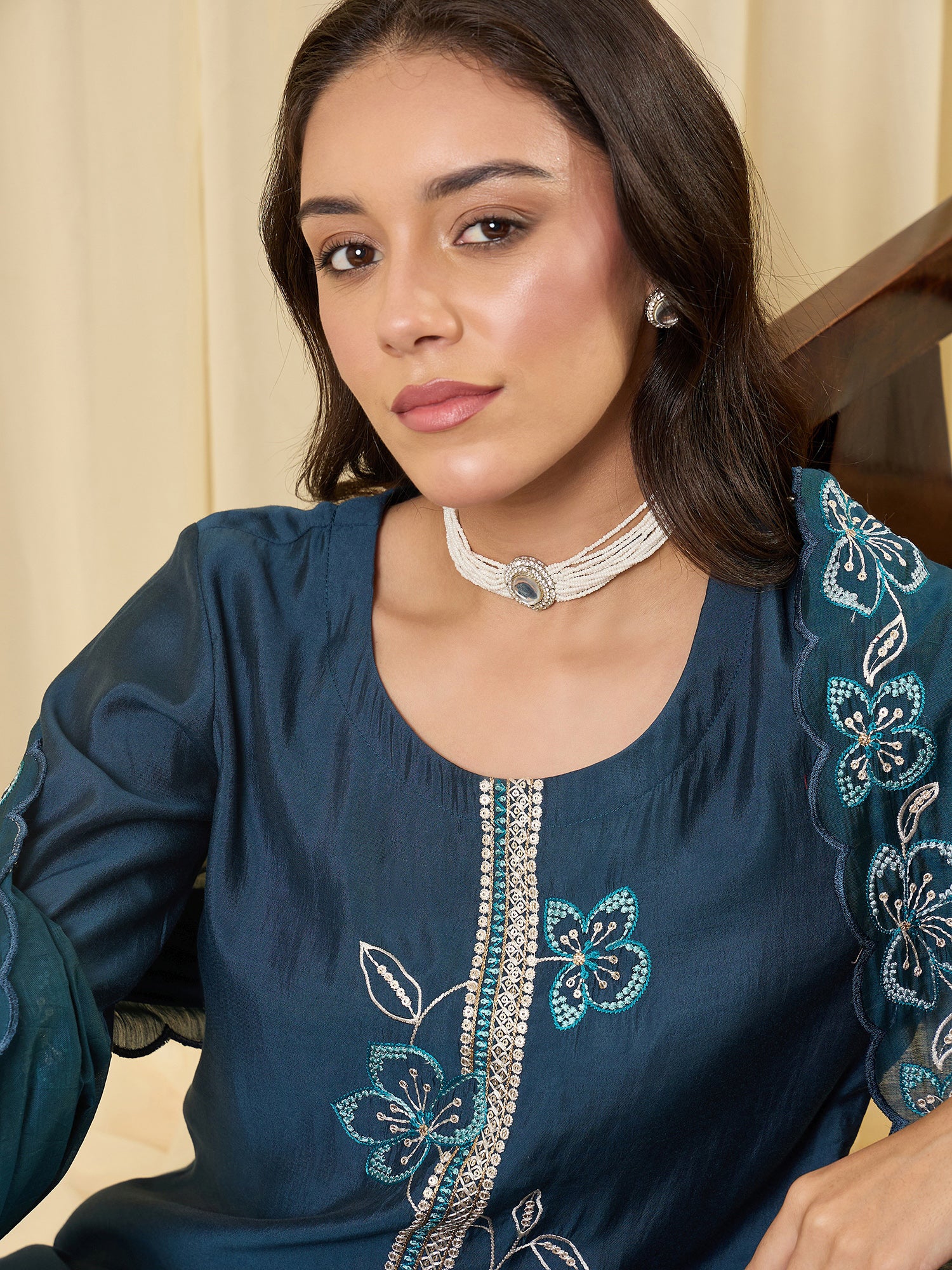 Indo Era Navy Blue Embroidered Straight Kurta Trousers With Dupatta Set