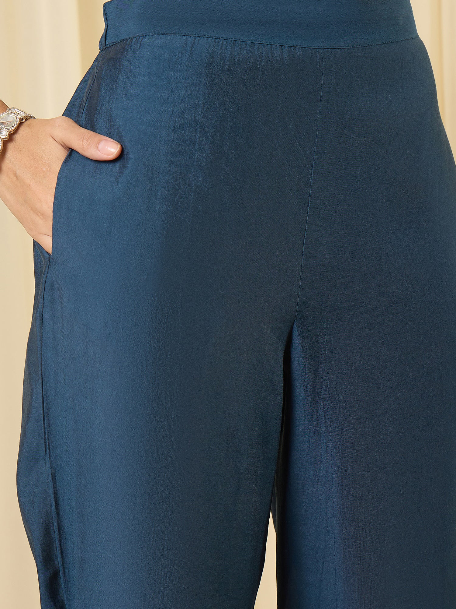 Indo Era Navy Blue Embroidered Straight Kurta Trousers With Dupatta Set