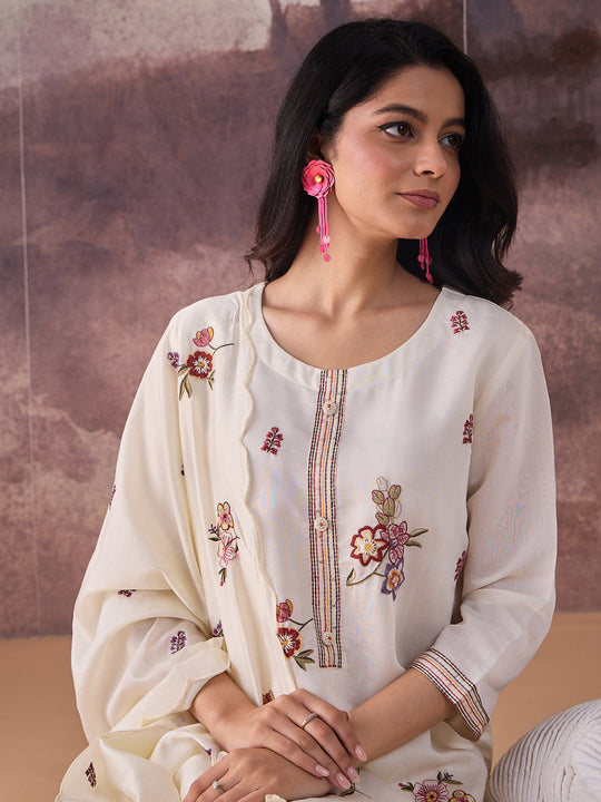 Indo Era Cream Embroidered Straight Kurta Trousers With Dupatta Set