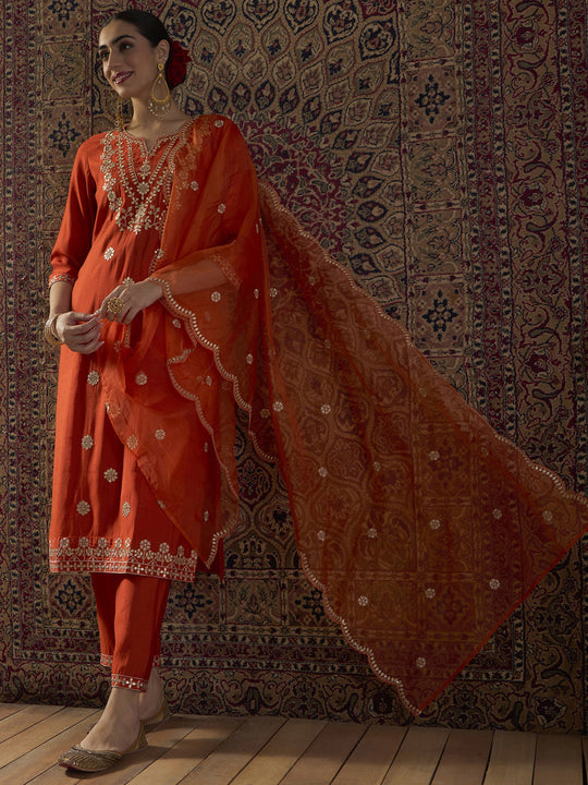 Indo Era Orange Embroidered Straight Kurta Trousers With Dupatta Set