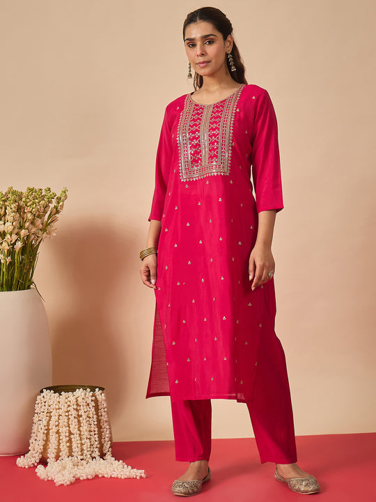 Indo Era Pink Embroidered Straight Kurta Trousers Set