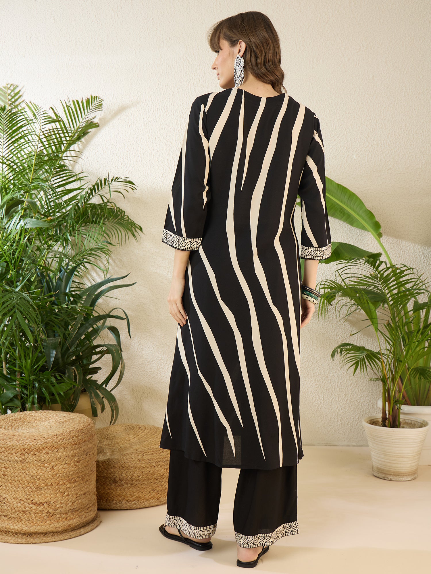 Black Printed Viscose Rayon Straight Kurta Palazzo Set
