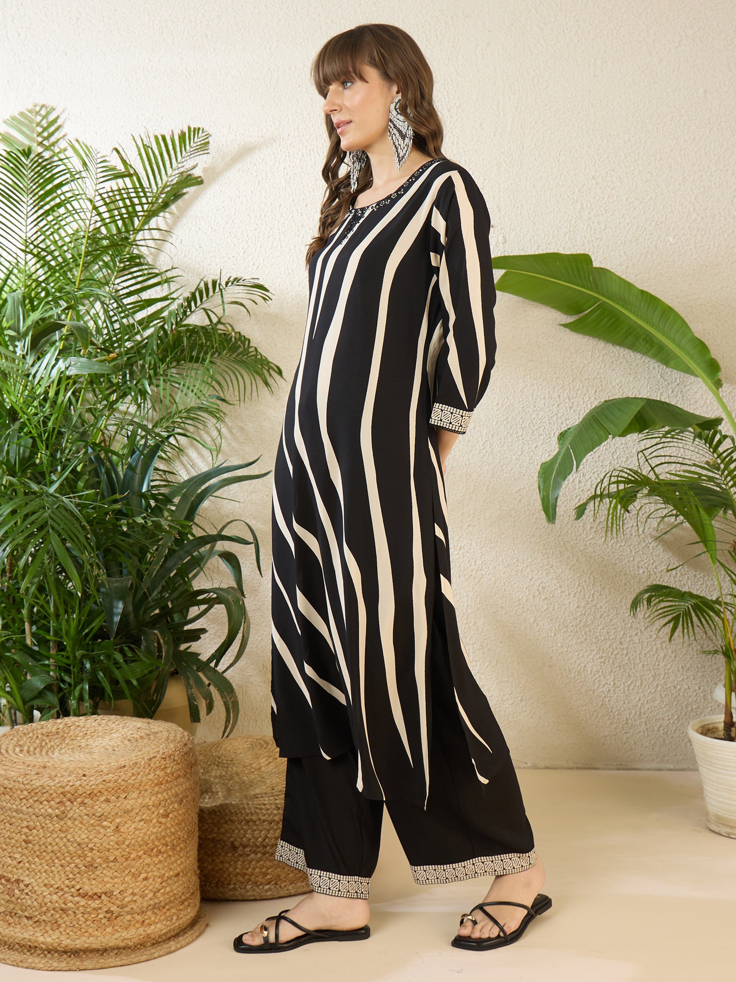 Black Printed Viscose Rayon Straight Kurta Palazzo Set