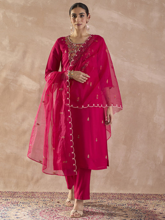 Indo Era Pink Embroidered Straight Kurta Trousers With Dupatta Set