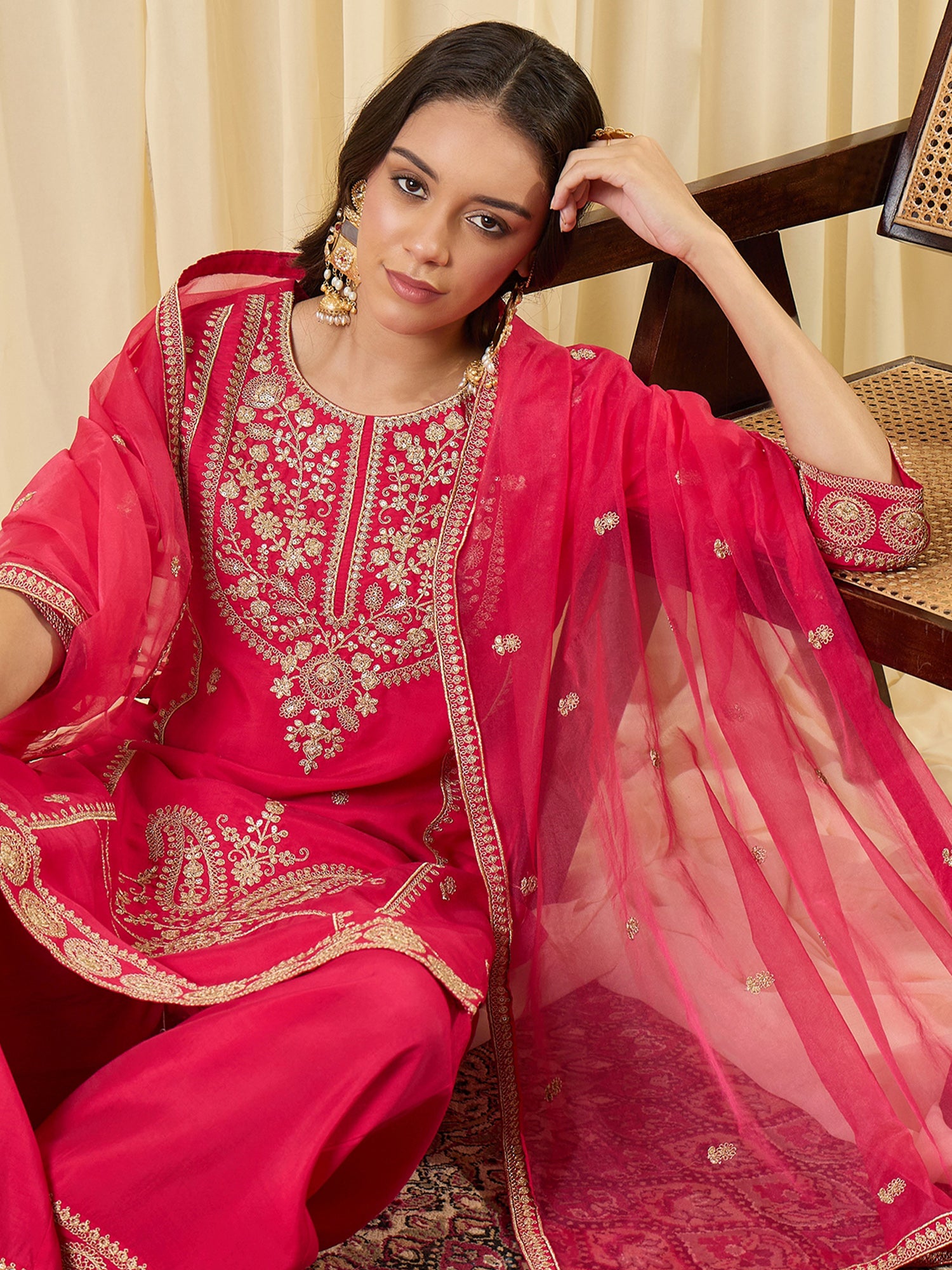 Indo Era Pink Embroidered Straight Kurta Palazzos With Dupatta Set