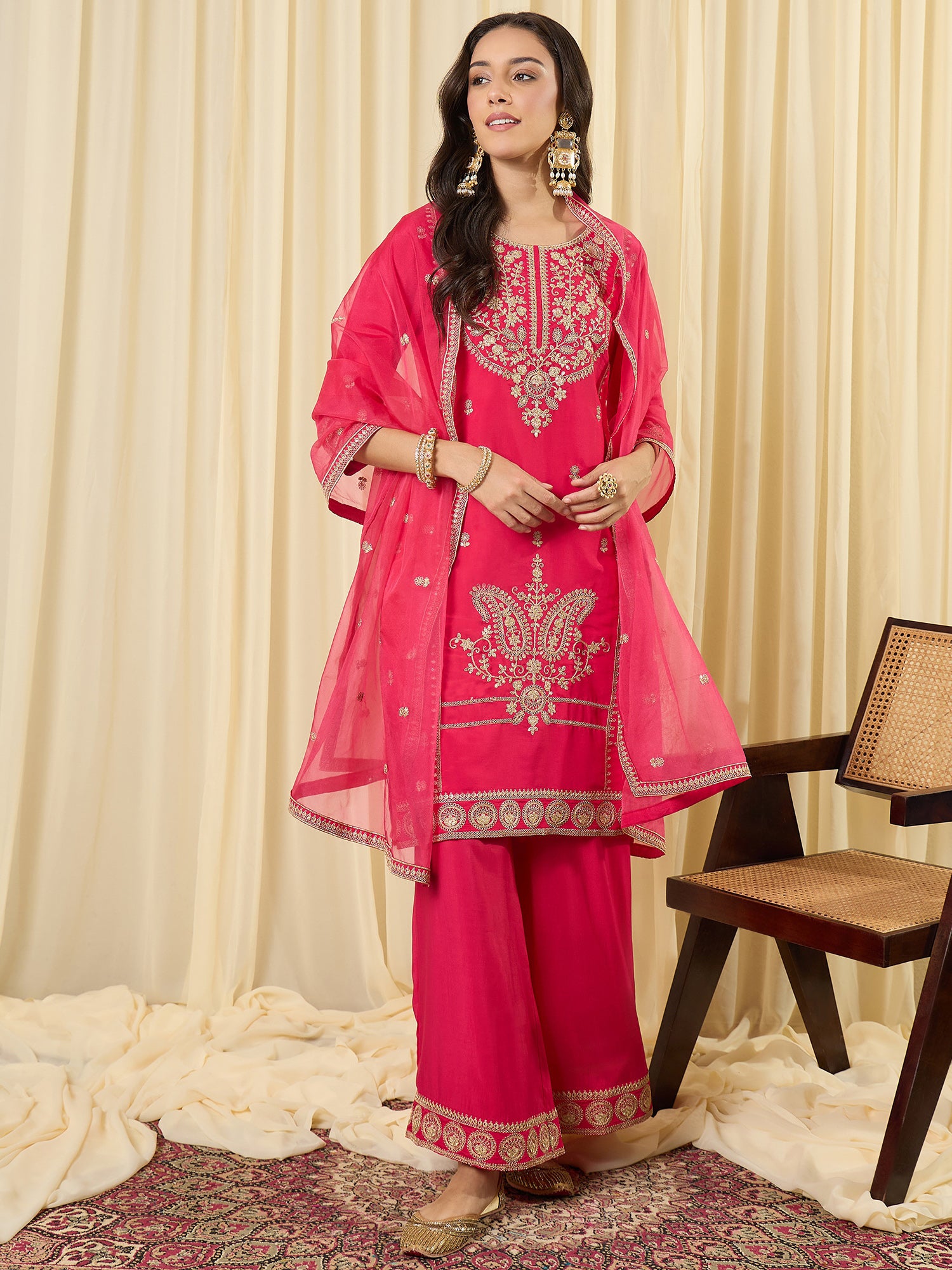 Indo Era Pink Embroidered Straight Kurta Palazzos With Dupatta Set