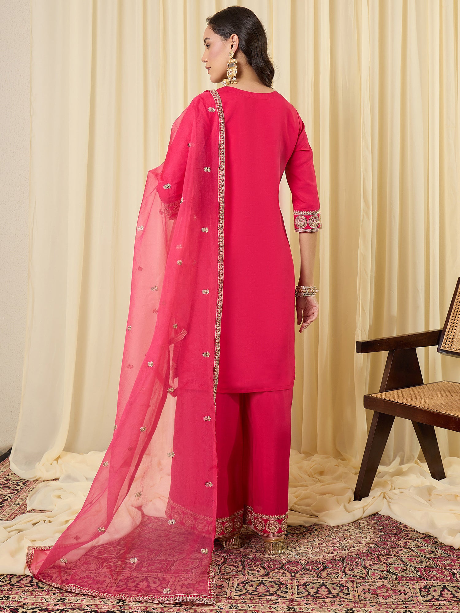 Indo Era Pink Embroidered Straight Kurta Palazzos With Dupatta Set
