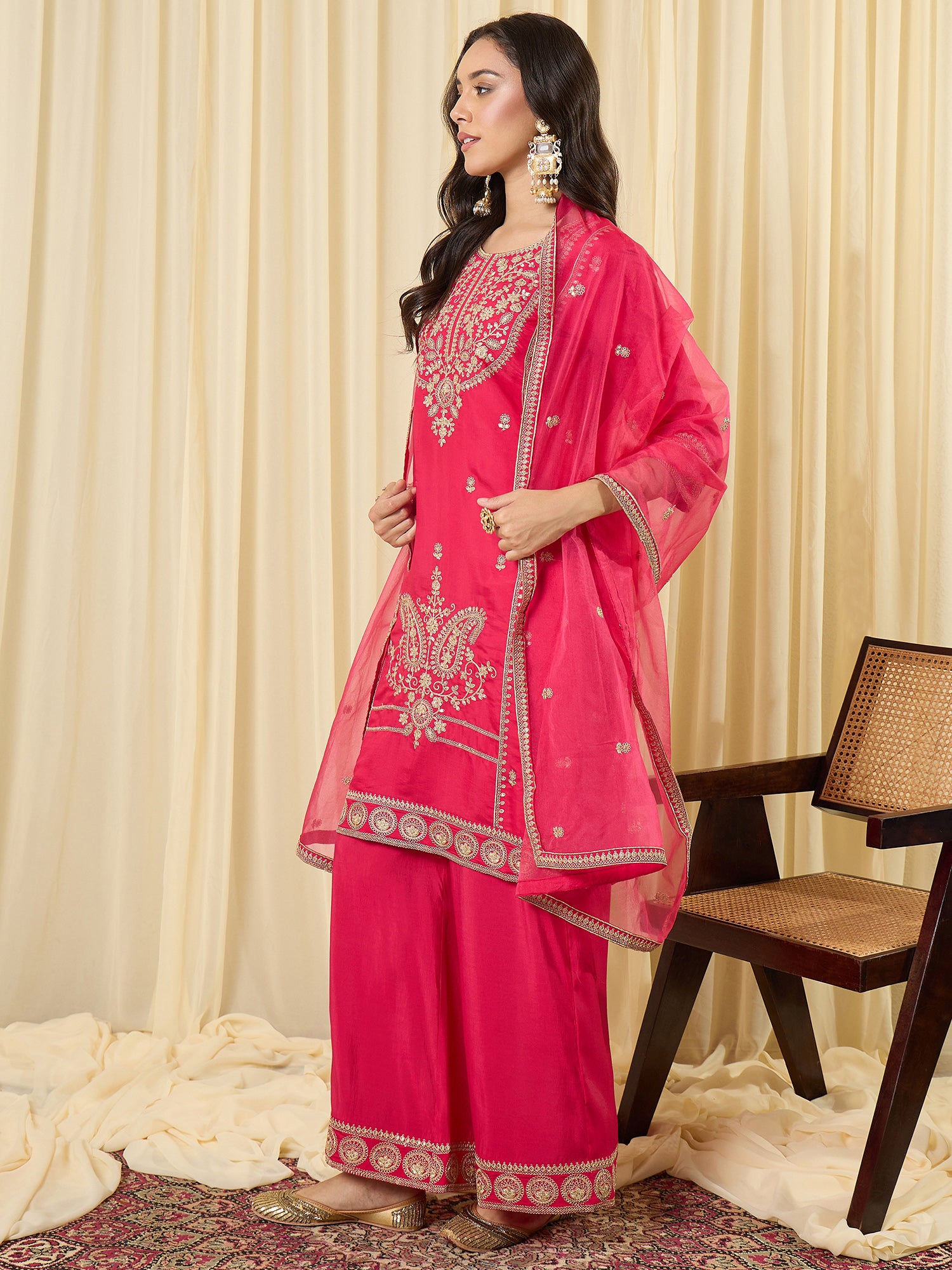 Indo Era Pink Embroidered Straight Kurta Palazzos With Dupatta Set