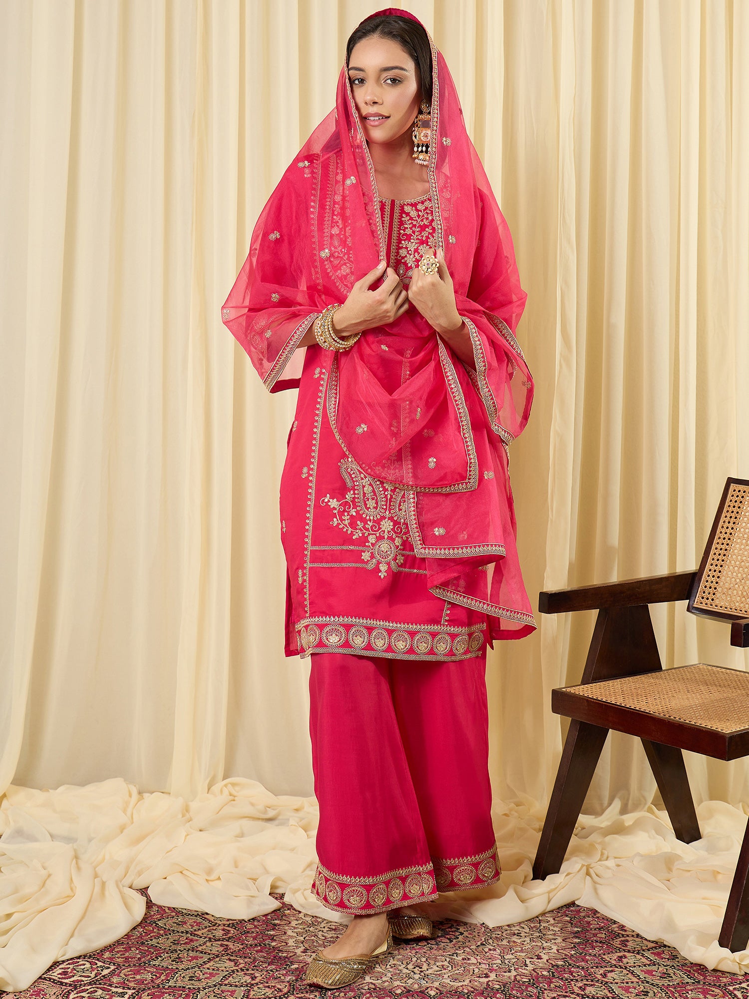 Indo Era Pink Embroidered Straight Kurta Palazzos With Dupatta Set
