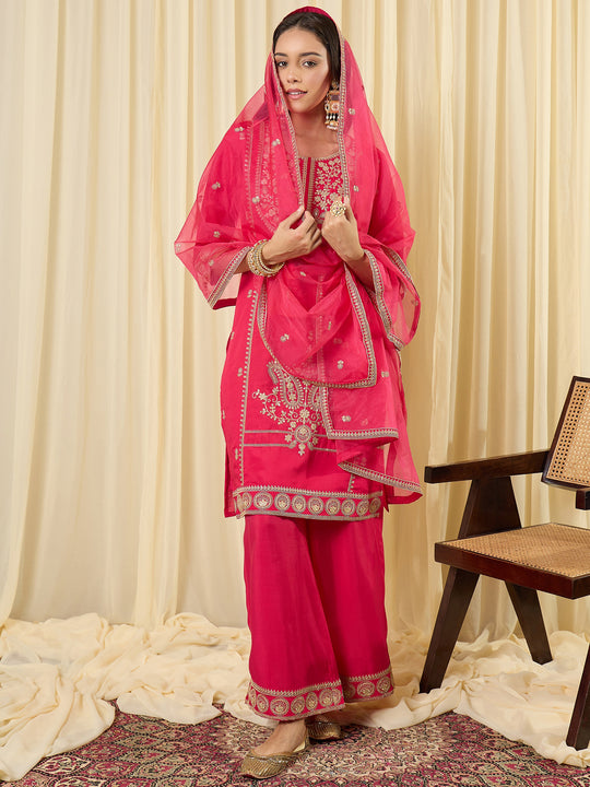 Indo Era Pink Embroidered Straight Kurta Palazzos With Dupatta Set