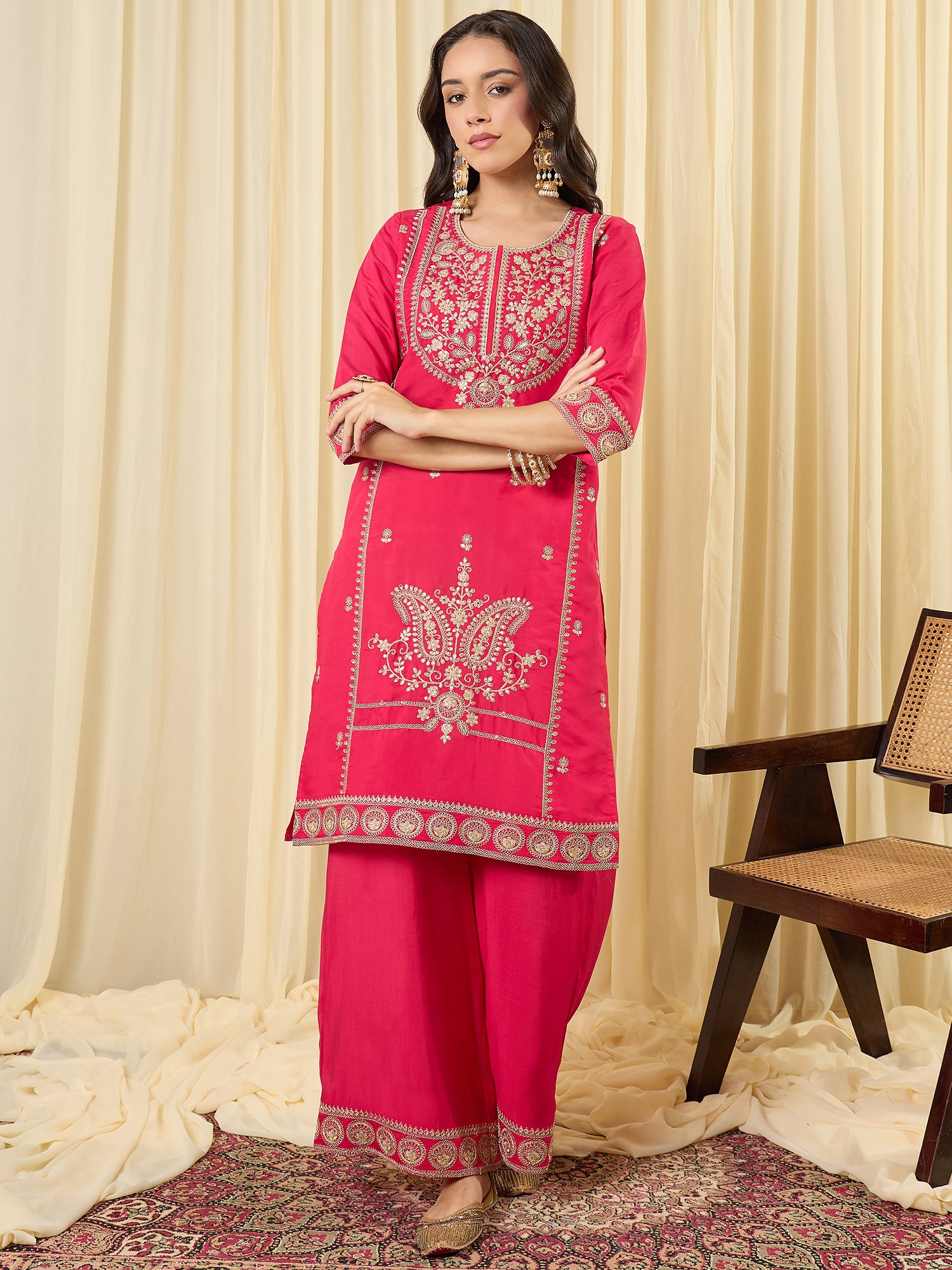 Indo Era Pink Embroidered Straight Kurta Palazzos With Dupatta Set