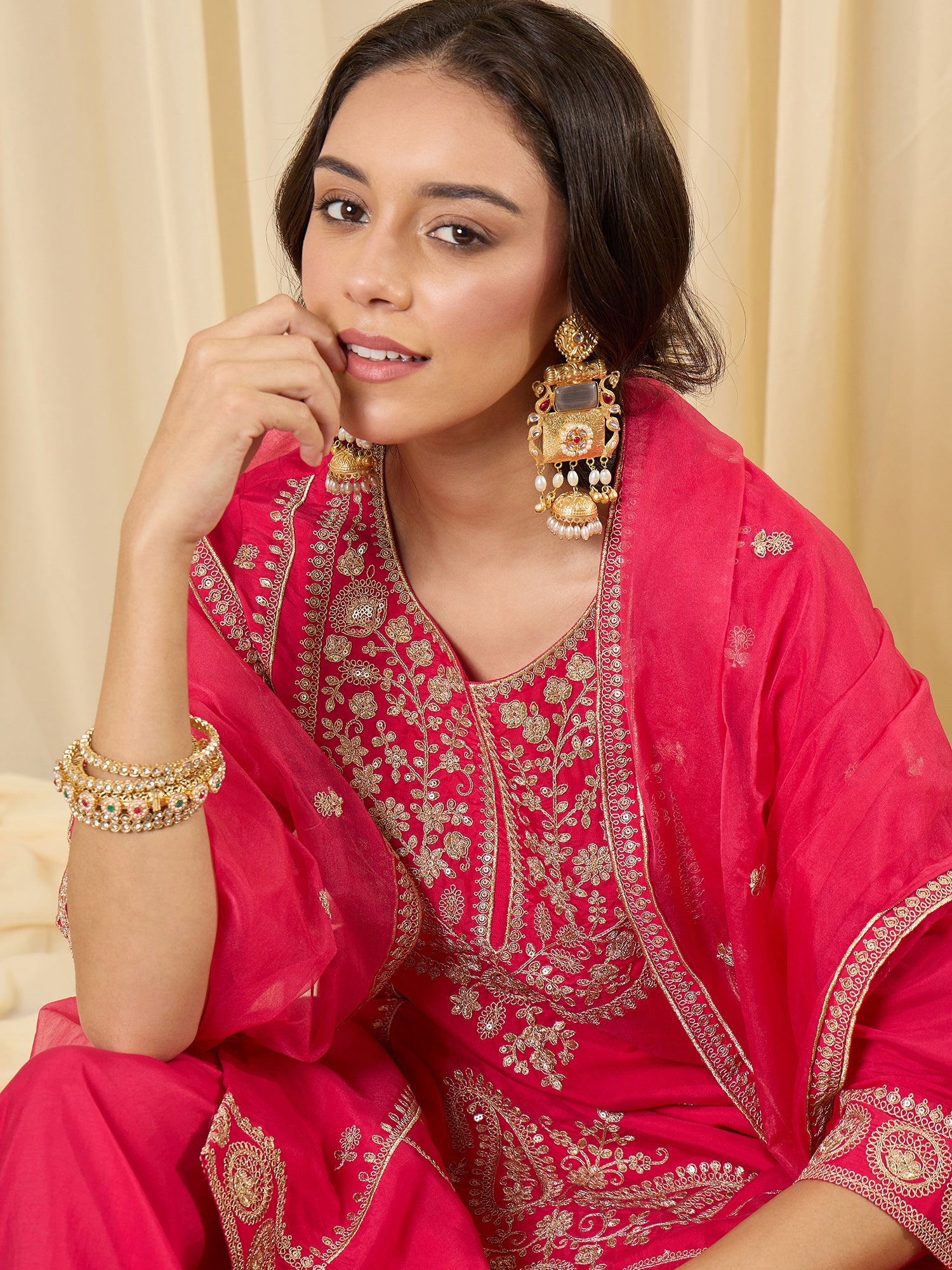 Indo Era Pink Embroidered Straight Kurta Palazzos With Dupatta Set