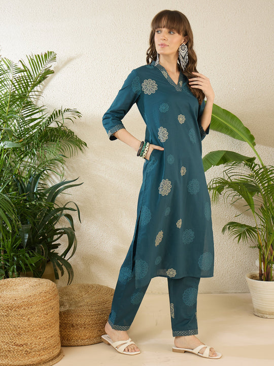 Indo Era Teal Printed Straight Kurta Trousers set