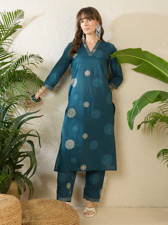Indo Era Teal Printed Straight Kurta Trousers set