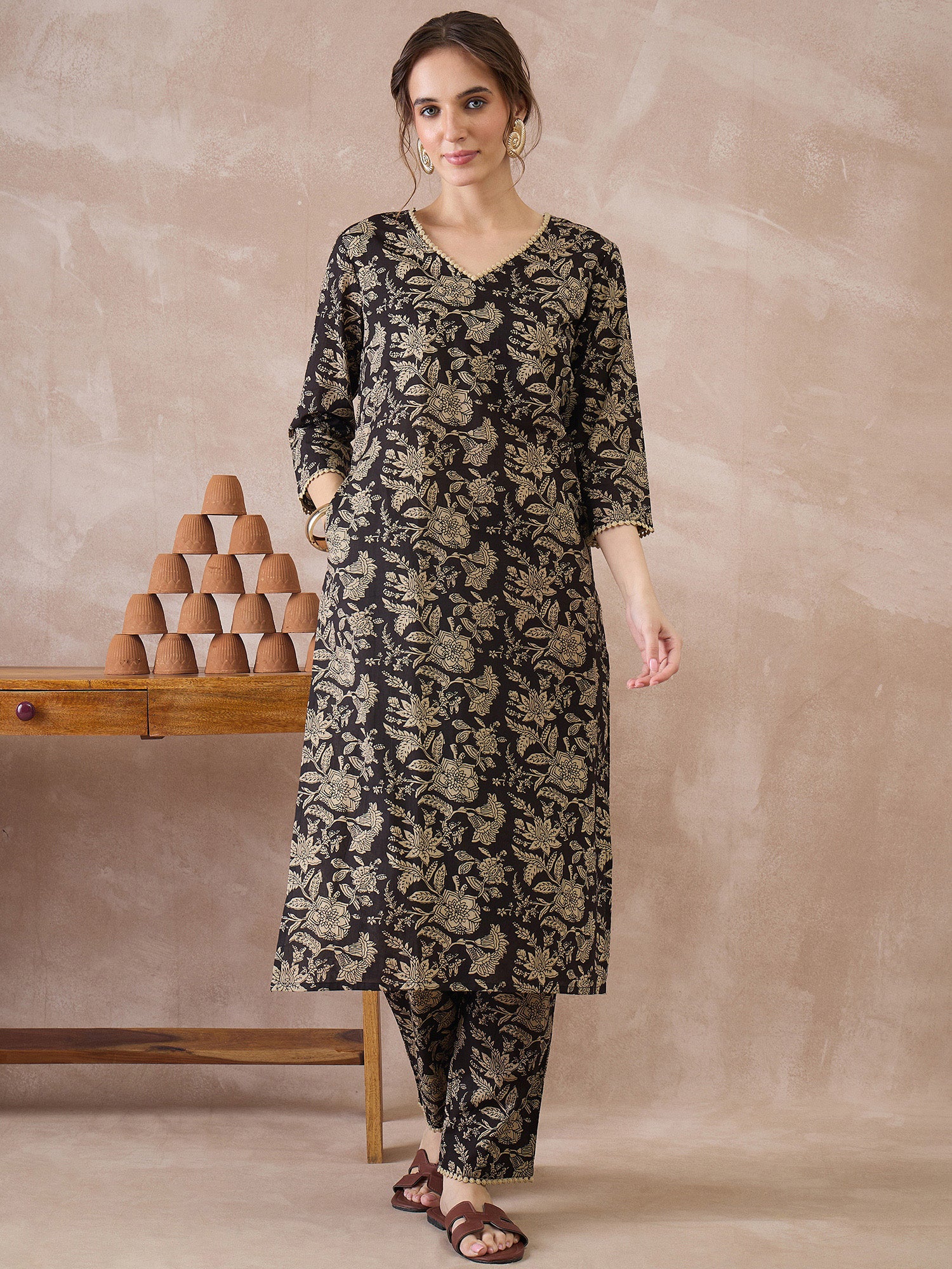 Indo Era Black Printed Straight Kurta Trousers set