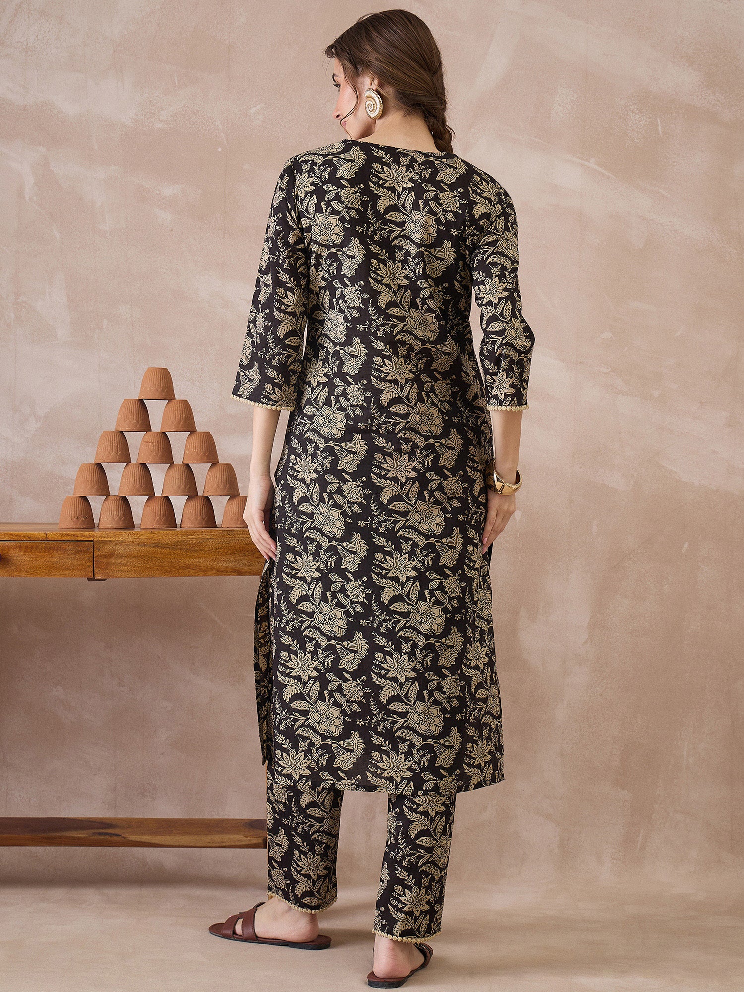 Indo Era Black Printed Straight Kurta Trousers set