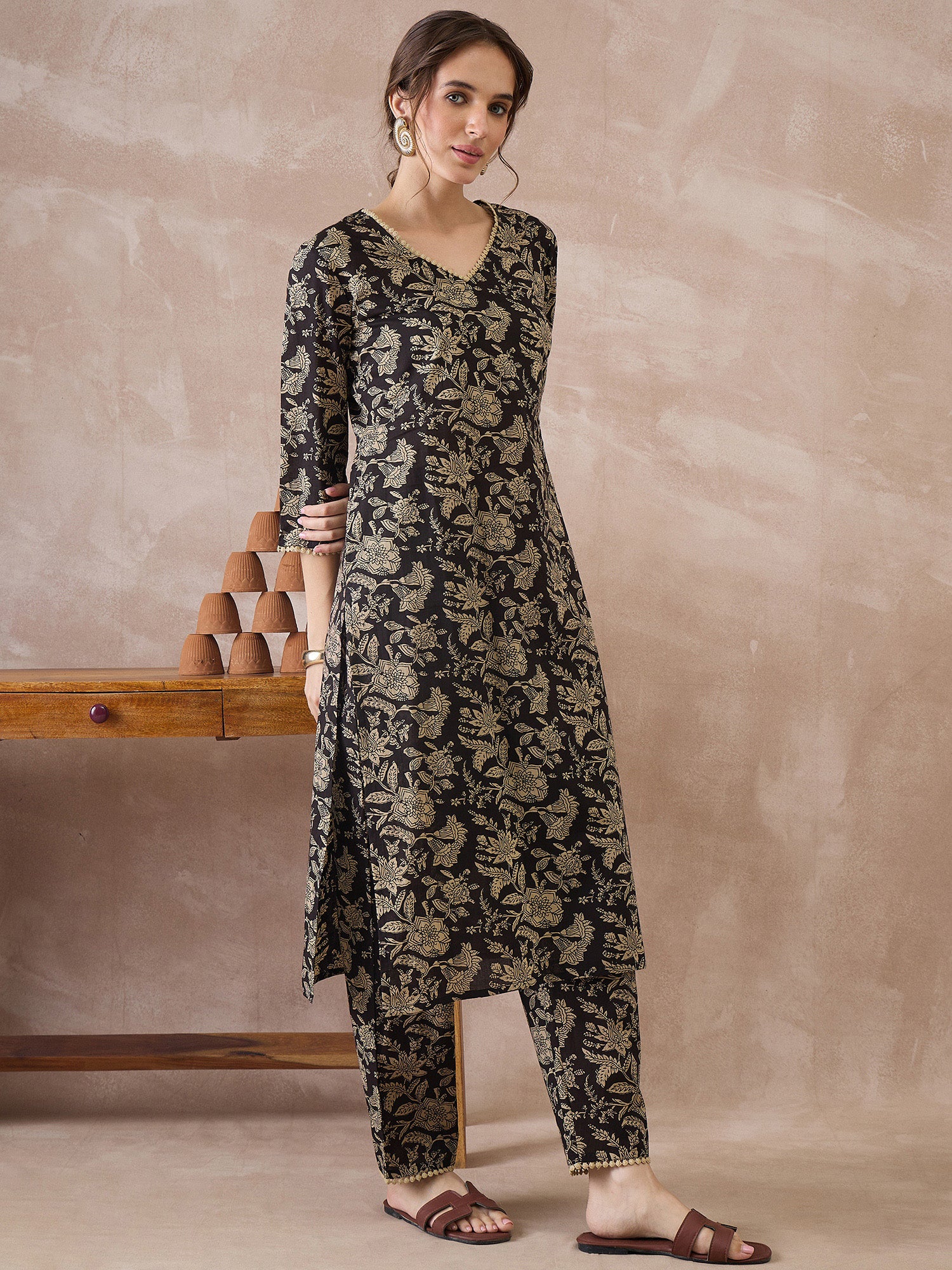 Indo Era Black Printed Straight Kurta Trousers set