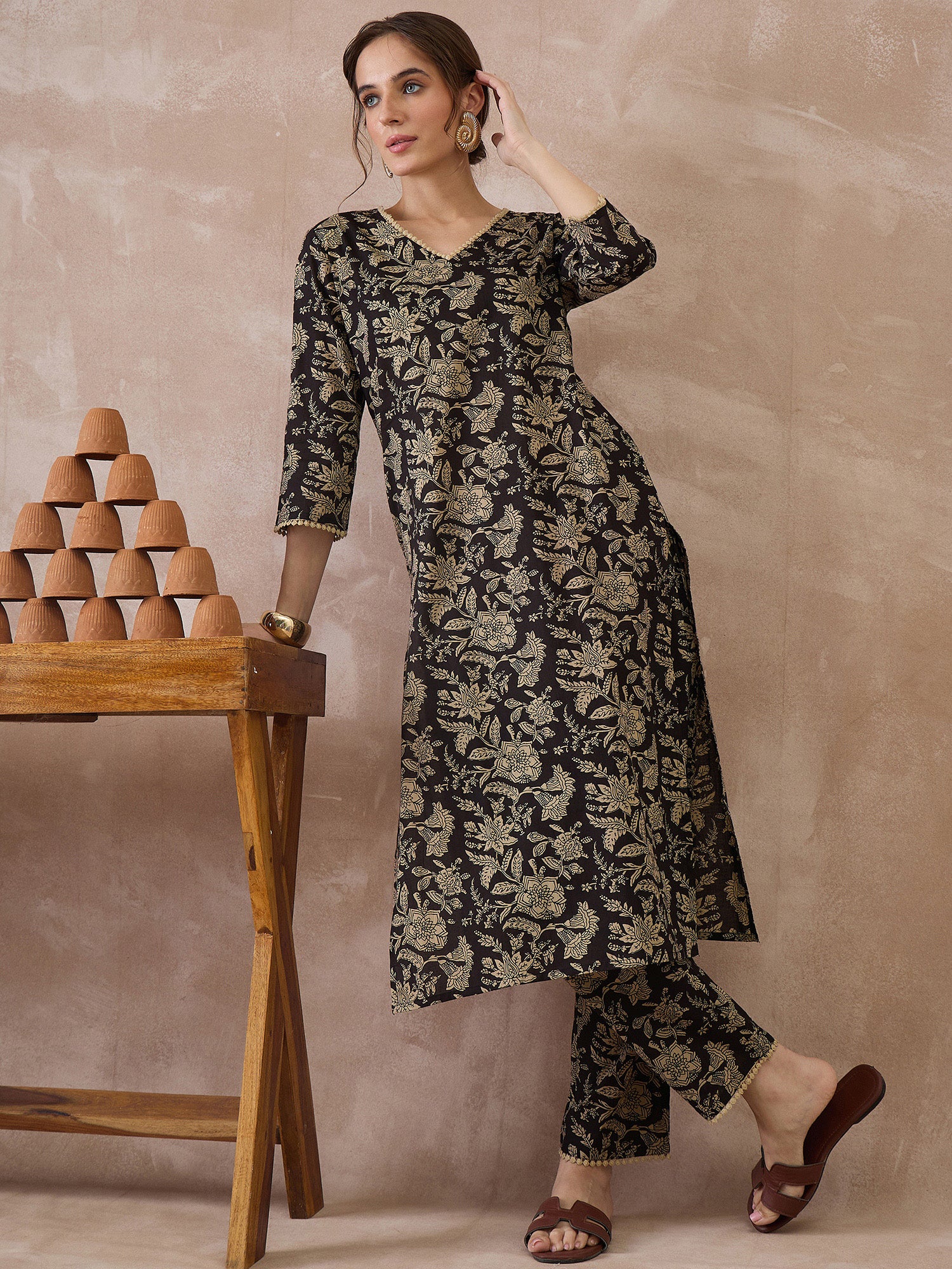 Indo Era Black Printed Straight Kurta Trousers set