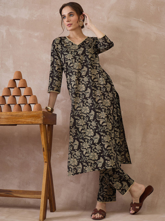 Indo Era Black Printed Straight Kurta Trousers set