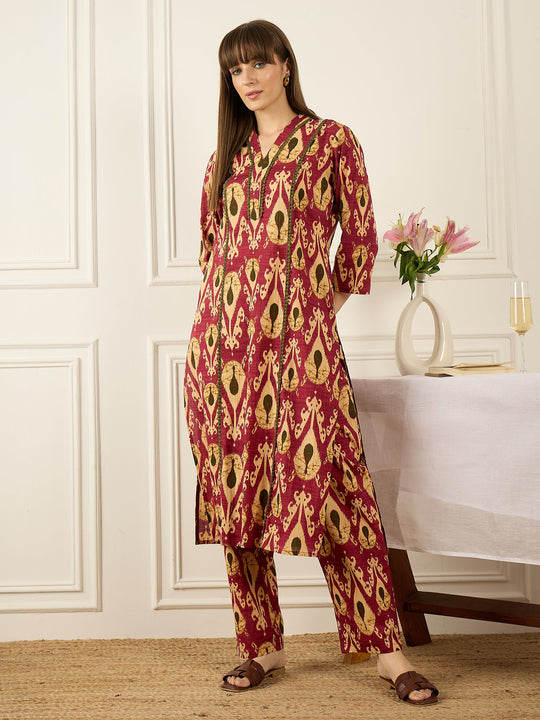 Indo Era Pink Printed Straight Kurta Trousers set