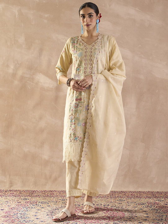 Indo Era Beige Embroidered Straight Kurta Trousers With Dupatta Set