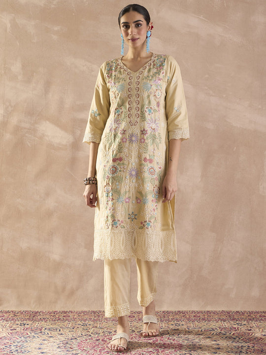 Indo Era Beige Embroidered Straight Kurta Trousers With Dupatta Set