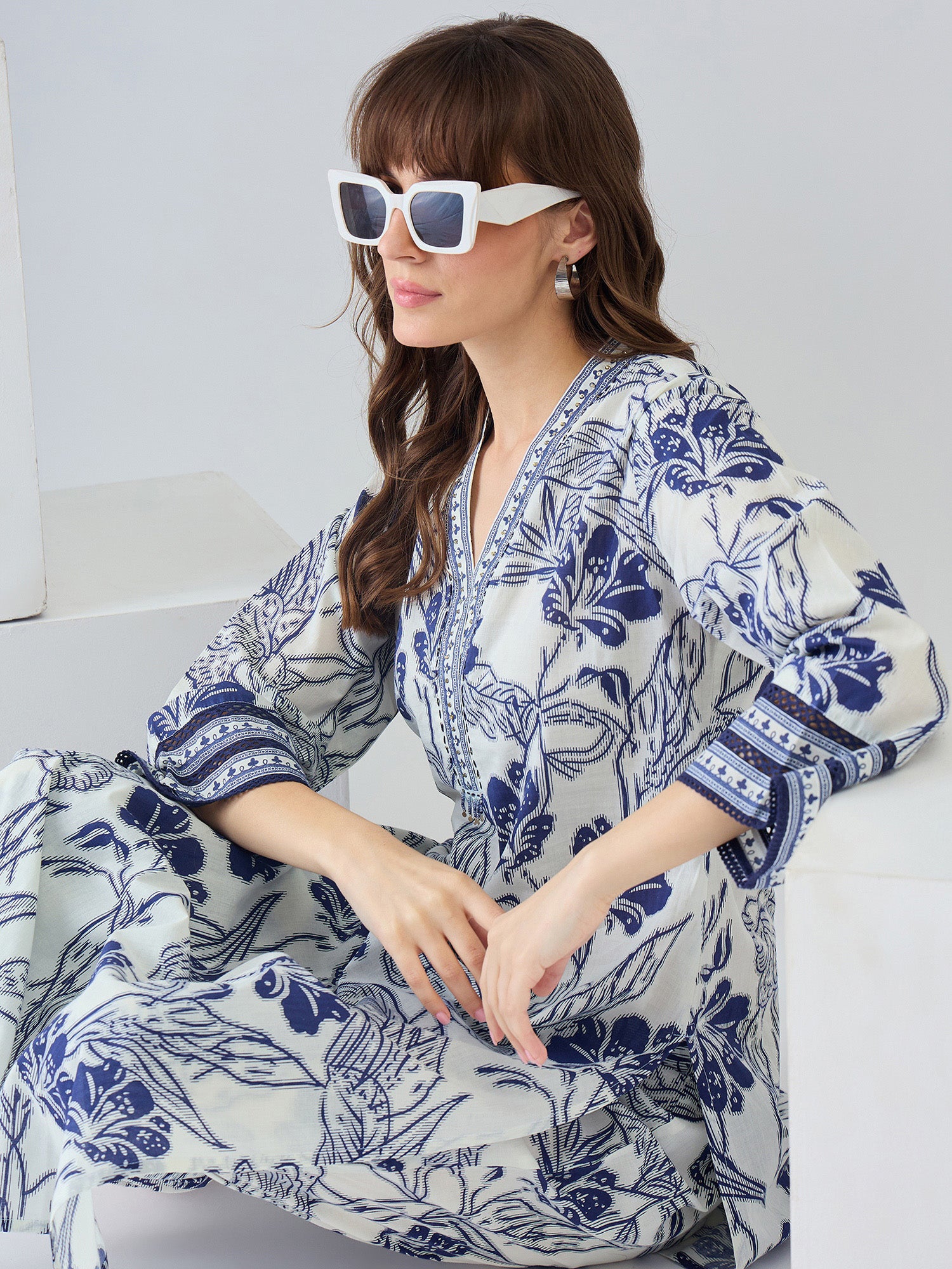 Indo Era Off White Printed Straight Kurta Trousers Set