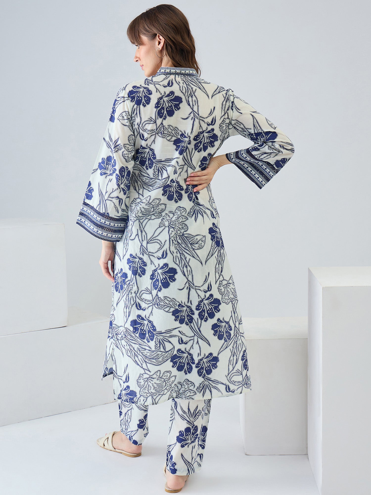 Indo Era Off White Printed Straight Kurta Trousers Set