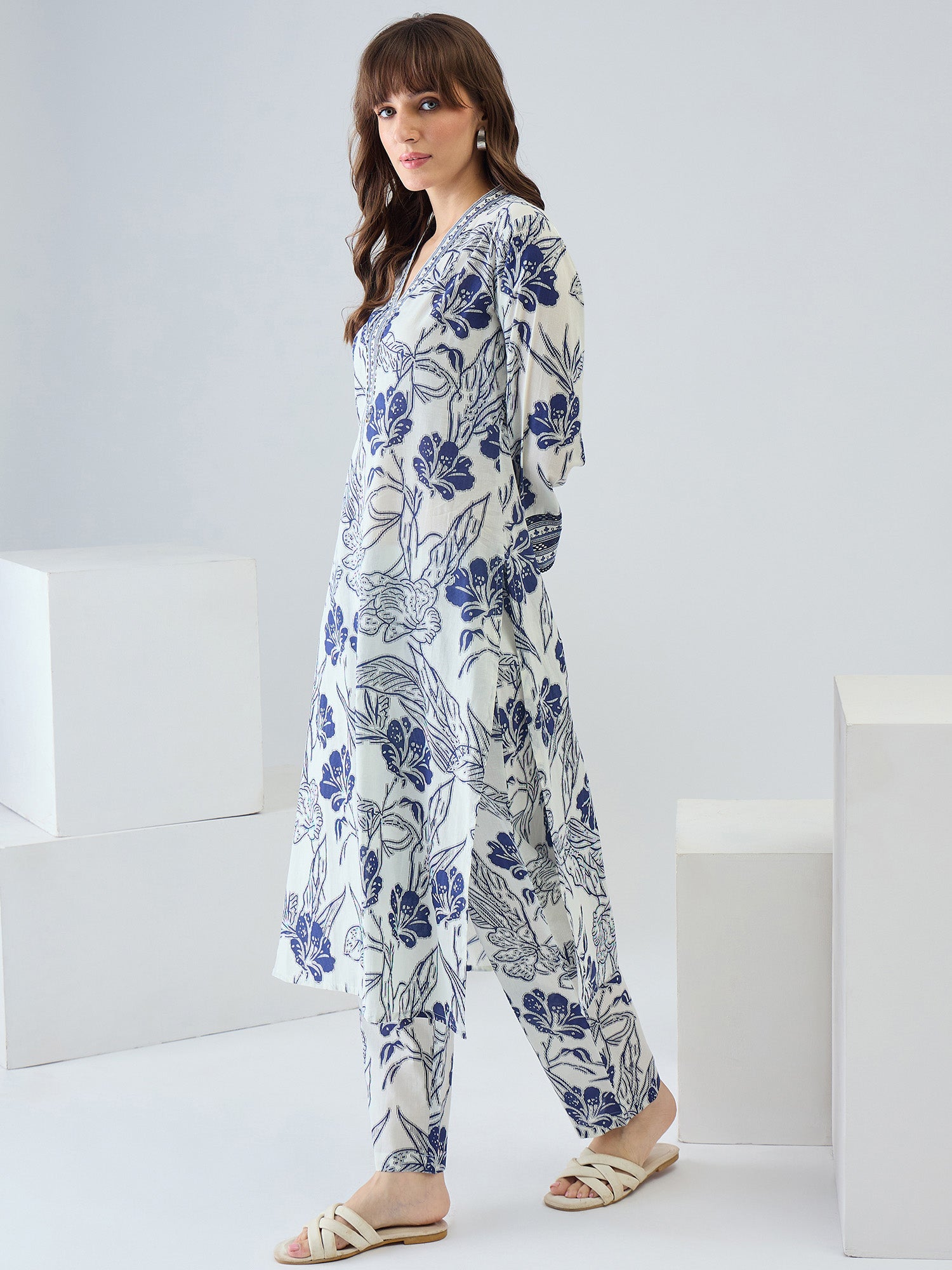 Indo Era Off White Printed Straight Kurta Trousers Set