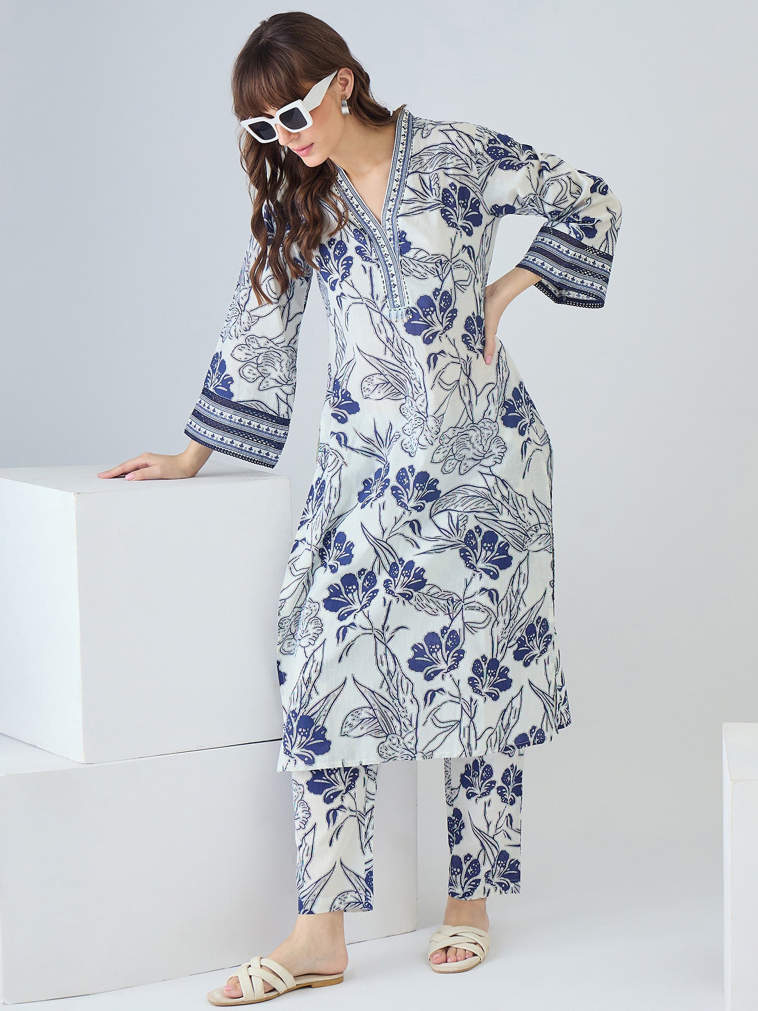 Indo Era Off White Printed Straight Kurta Trousers Set