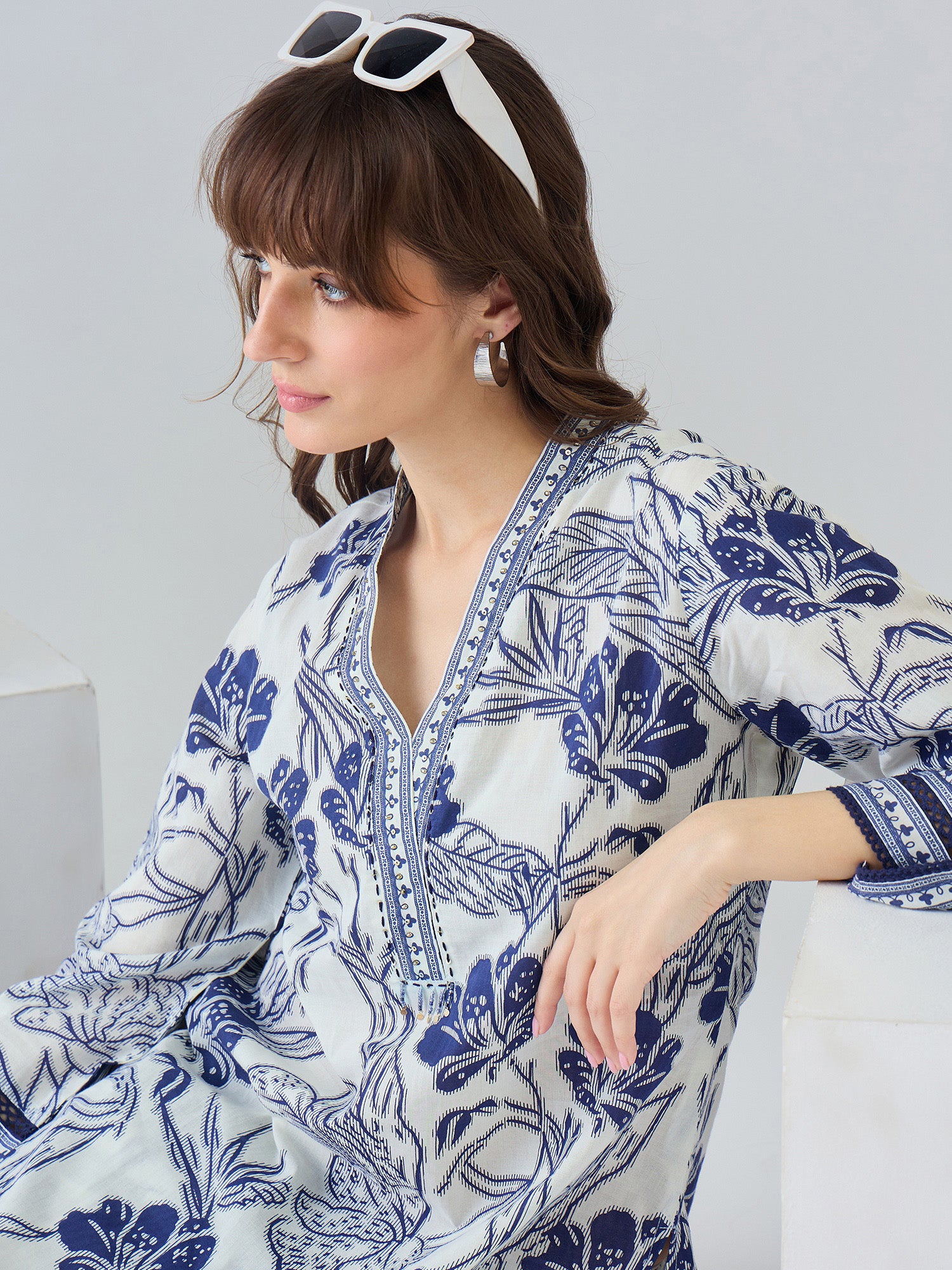 Indo Era Off White Printed Straight Kurta Trousers Set