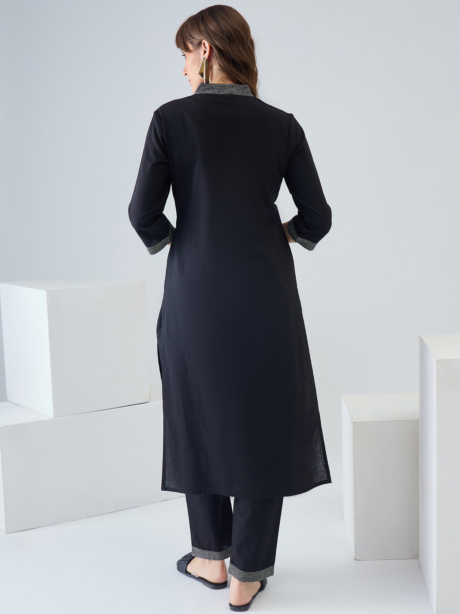Indo Era Black Solid Straight Kurta Trousers set