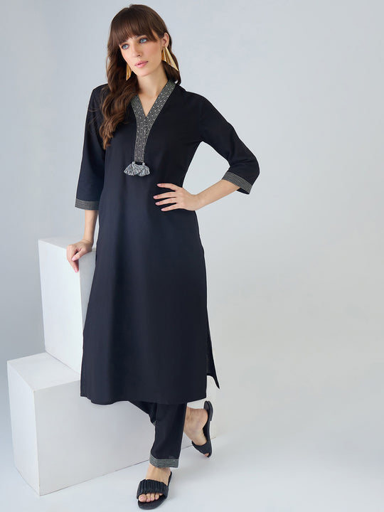Indo Era Black Solid Straight Kurta Trousers set