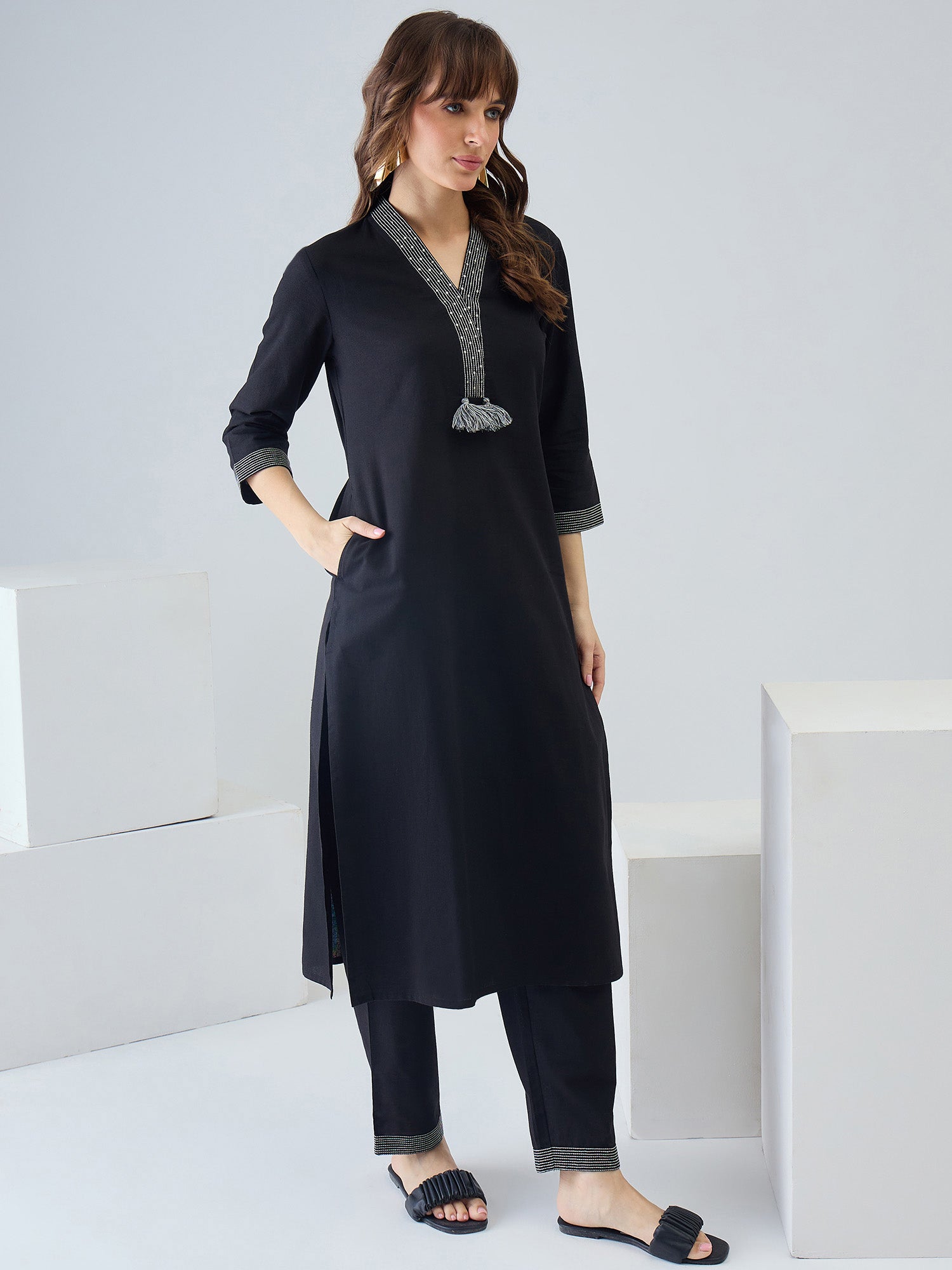 Indo Era Black Solid Straight Kurta Trousers set