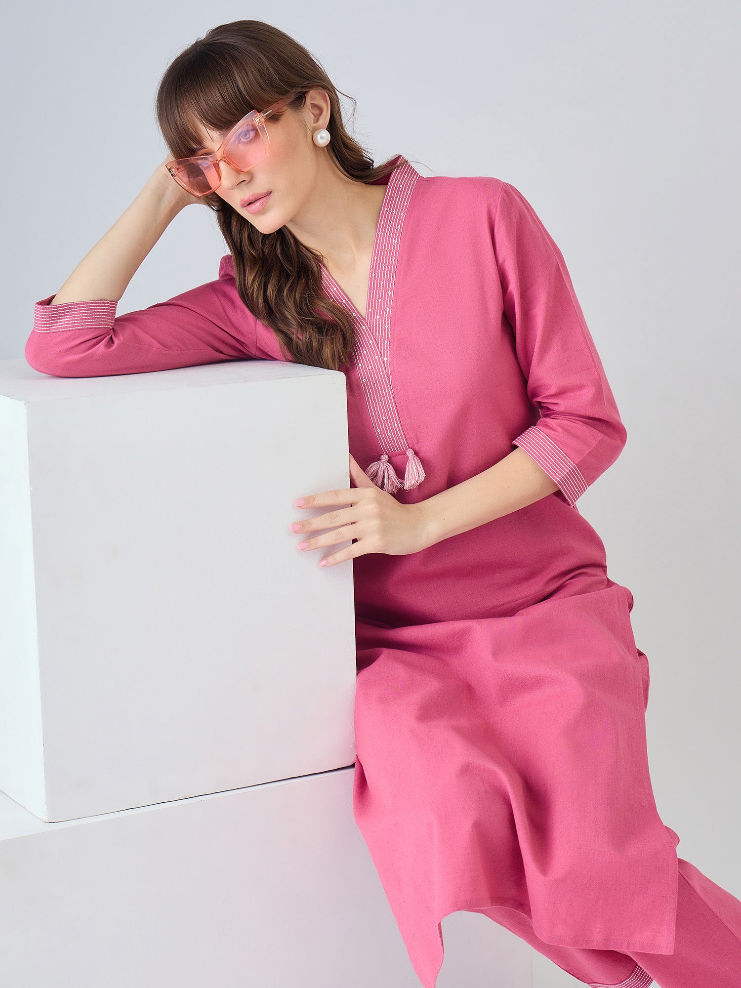 Indo Era Pink Solid Straight Kurta Trousers set