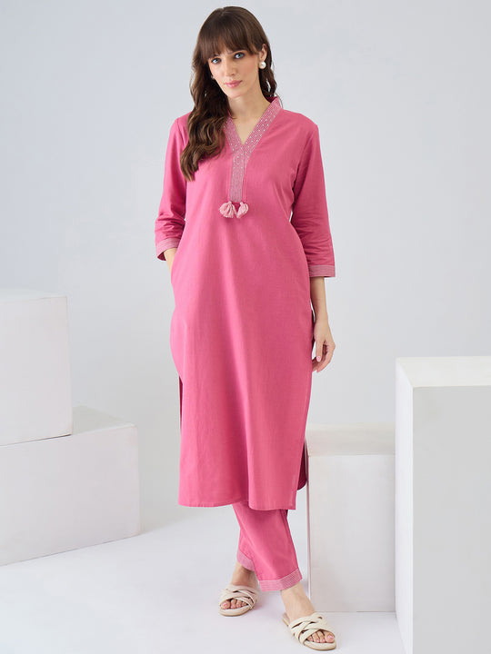 Indo Era Pink Solid Straight Kurta Trousers set