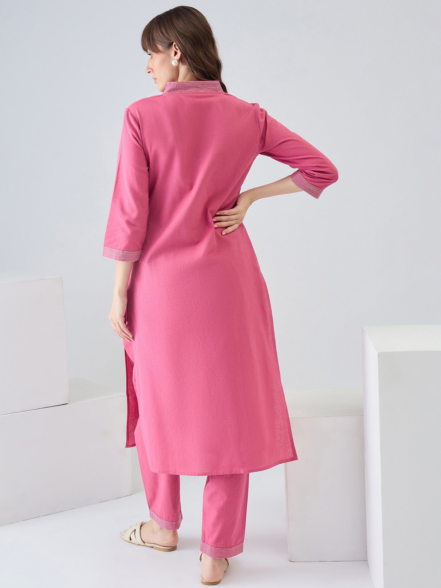 Indo Era Pink Solid Straight Kurta Trousers set