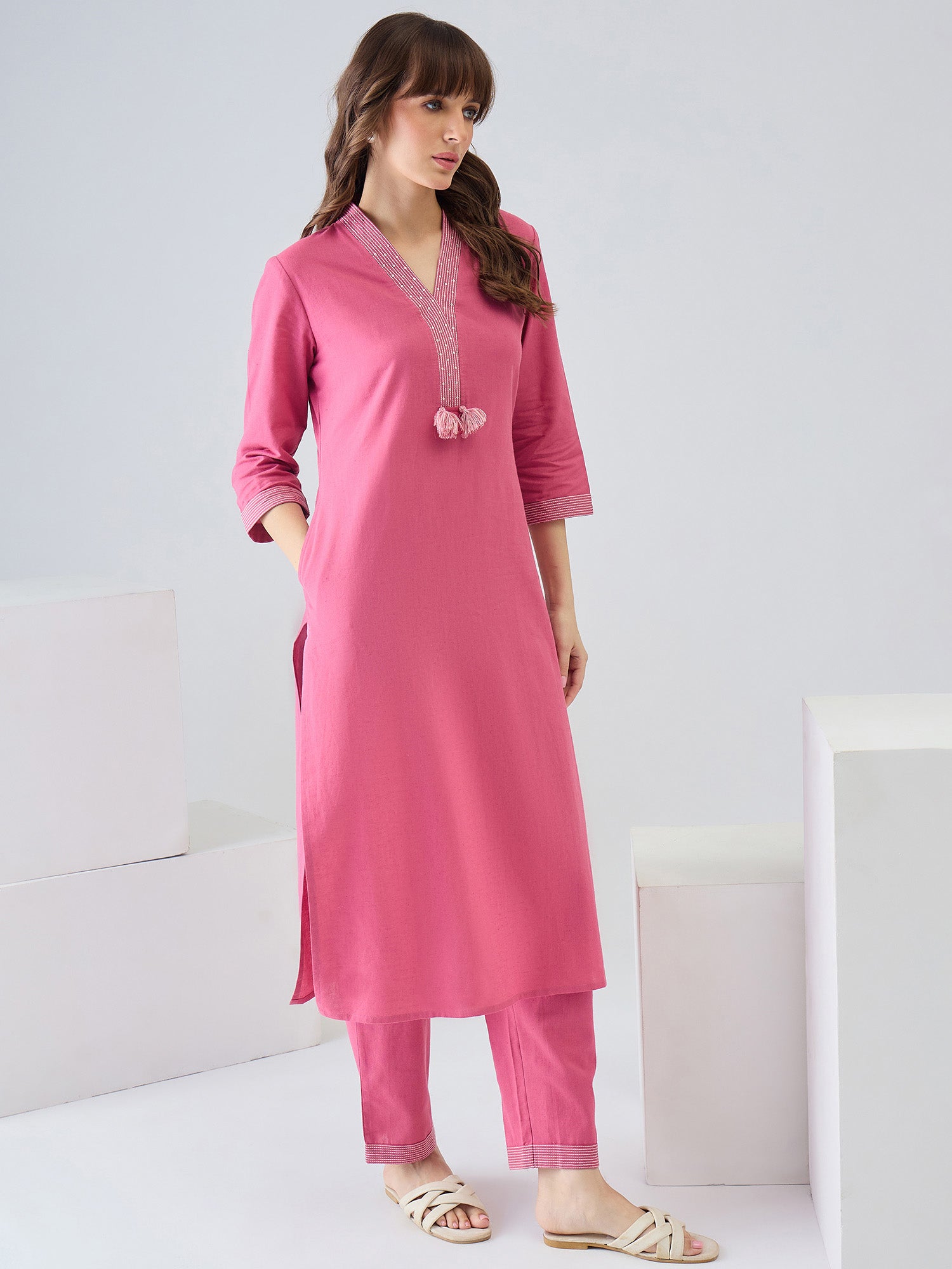 Indo Era Pink Solid Straight Kurta Trousers set